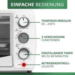 STEINBORG Minibackofen SB-3005w, 13 Liter, Großes Sichtfenster, Hitzebeständiges Gehäuse, 1200 Watt