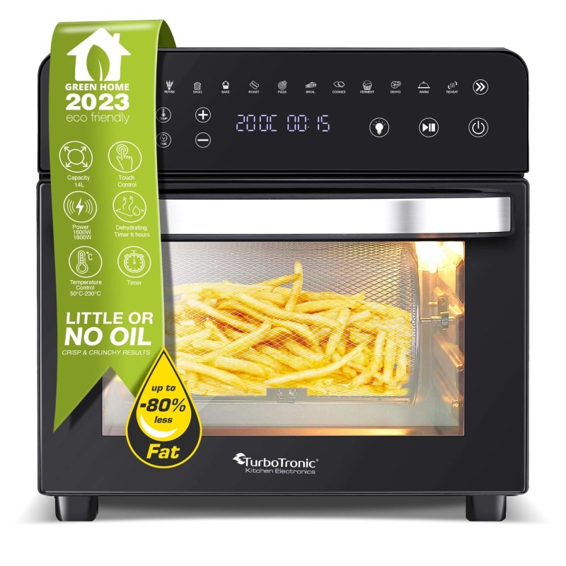 TurboTronic by Z-Line Minibackofen Digitaler XXL Power Airfryer 14 Liter Pommes Korb ab 50°C Heißluftofen, mit Drehspieß für Hähnchen, Konvektionsofen