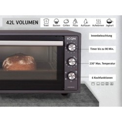 ICQN Minibackofen 42 Liter mit Umluft, Emailliert, 1300 W, inkl. Backblech Set, Umluft, Pizza-Ofen, Doppelverglasung, Timer, Mini Ofen, 40°-230°C