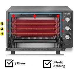 ICQN Minibackofen 42 Liter mit Umluft, Emailliert, 1300 W, inkl. Backblech Set, Umluft, Pizza-Ofen, Doppelverglasung, Timer, Mini Ofen, 40°-230°C