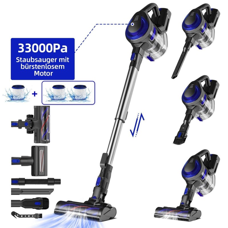 Authmic Akku-Stielstaubsauger Akku Staubsauger, Staubsauger Kabellos mit 33000pa Saugkraft, Akkusauger, Bis zu 50 Min Laufzeit, 1.3L Staubbehälter, kabelloser Staubsauger für Tierhaare,Teppich und Hartböden